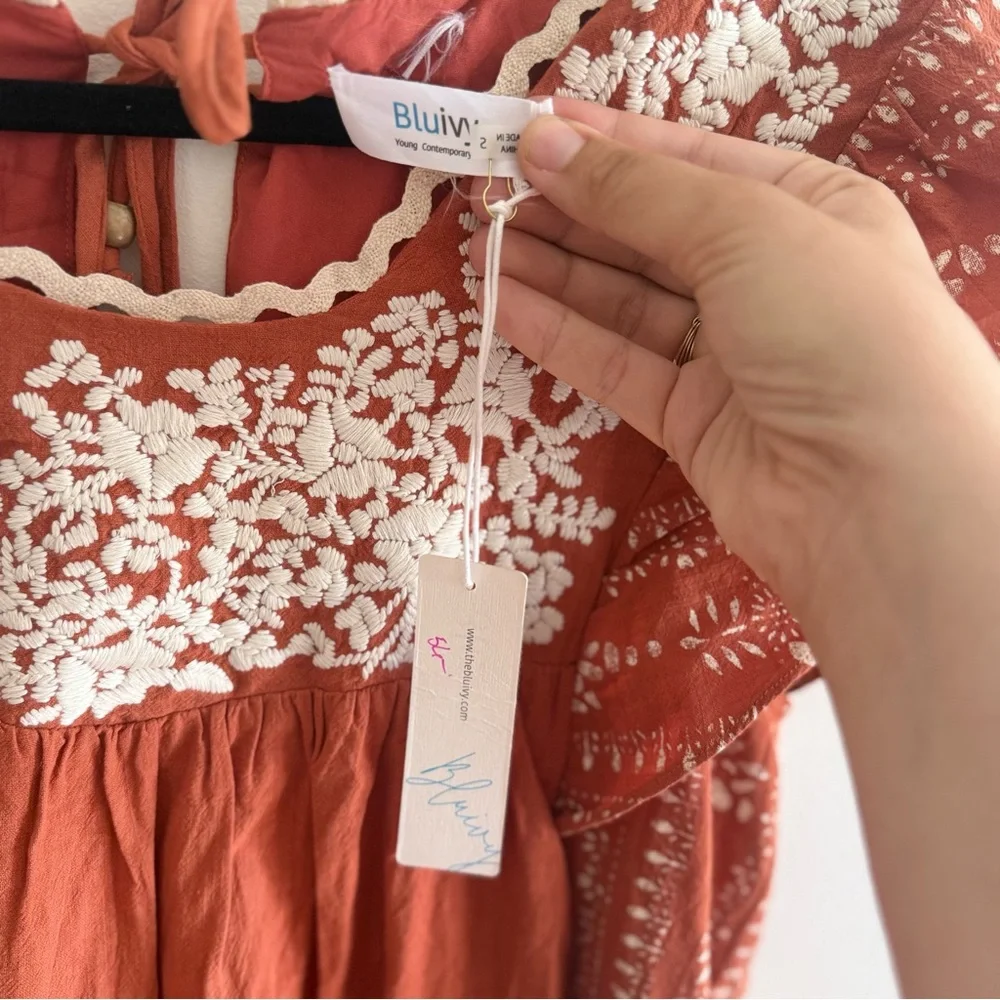 NWT BluIvy Embroidered Rust Boho Mini Dress Peasant Ruffles 100% Cotton Small - Picture 5 of 8